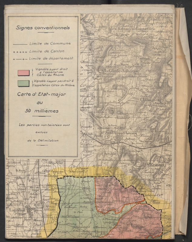 Figure 1. Extrait de la carte d’assemblage « Délimitation des Côtes-du-Rhône dans les départements du Gard et Vaucluse » (1938) et légende