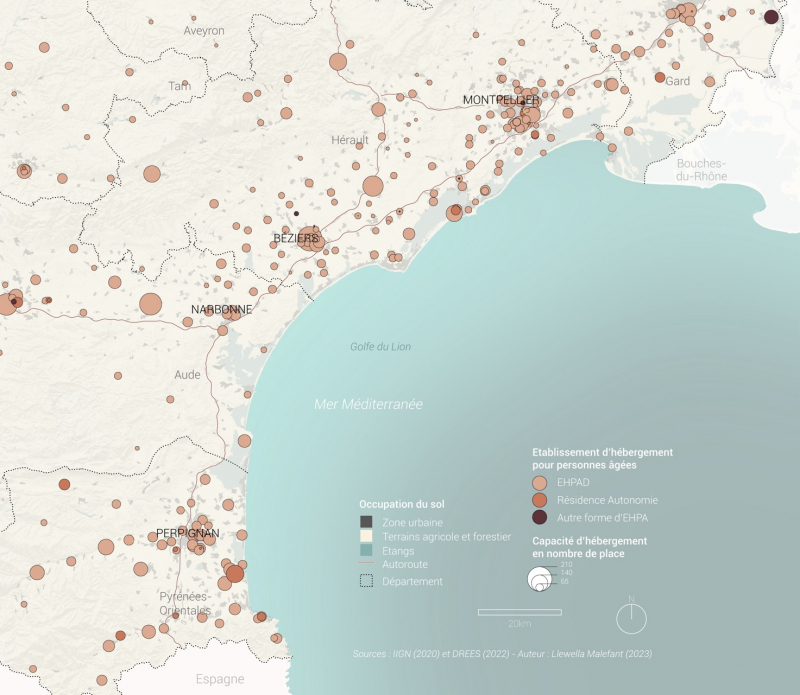 Figure 10. Répartition des EHPAD et autres hébergements pour personnes âgées sur la côte du Golfe du Lion en 2022