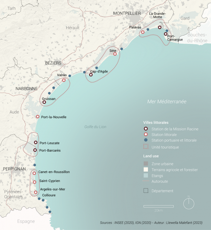 Figure 3. Le plan directeur des stations de la Mission Racine, ainsi que les autres ports de plaisance et villes côtières construits par la suite